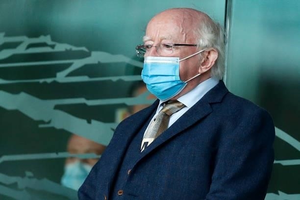 Michael D. Higgins, President of Ireland is seen wearing a face mask as he looks on during the 2022 FIFA World Cup Qualifier match between Republic...