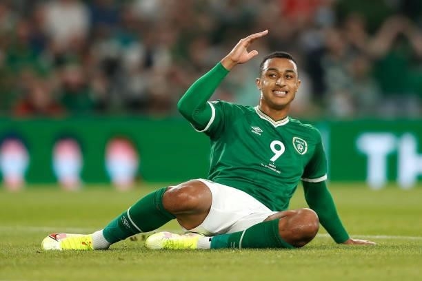 Adam Idah of Republic of Ireland reacts after a missed chance during the 2022 FIFA World Cup Qualifier match between Republic of Ireland and Serbia...