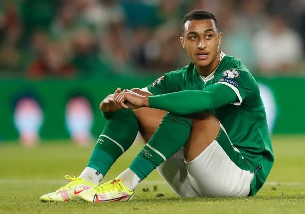 Adam Idah of Republic of Ireland reacts after a missed chance during the 2022 FIFA World Cup Qualifier match between Republic of Ireland and Serbia...