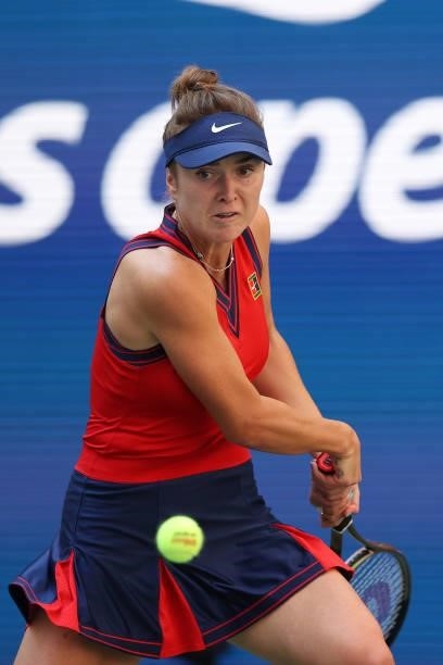 Elina Svitolina of Ukraine returns against Leylah Annie Fernandez of Canada during her Women's Singles quarterfinals match on Day Nine of the 2021 US...