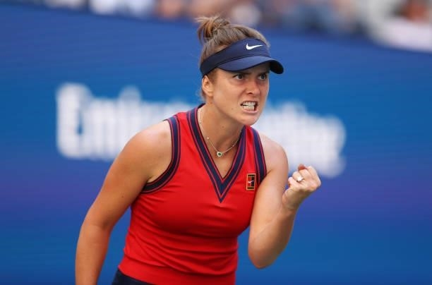 Elina Svitolina of Ukraine reacts against Leylah Annie Fernandez of Canada during her Women's Singles quarterfinals match on Day Nine of the 2021 US...