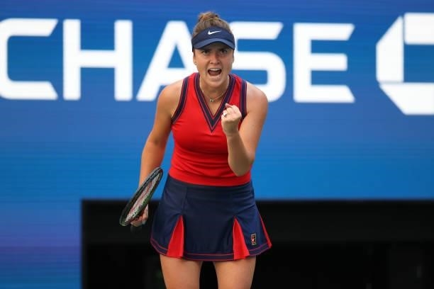 Elina Svitolina of Ukraine reacts against Leylah Annie Fernandez of Canada during her Women's Singles quarterfinals match on Day Nine of the 2021 US...