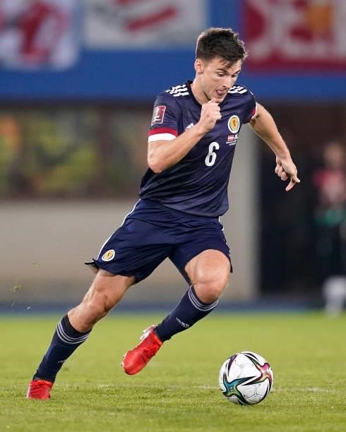 Kieran Tierney of Scotland runs with the ball during the 2022 FIFA World Cup Qualifier match between Austria and Scotland at Ernst Happel Stadion on...