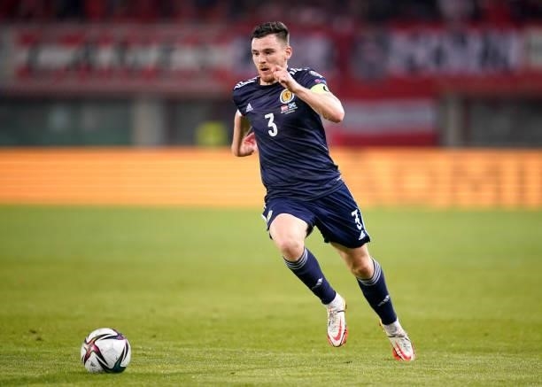 Andy Robertson of Scotland runs with the ball during the 2022 FIFA World Cup Qualifier match between Austria and Scotland at Ernst Happel Stadion on...