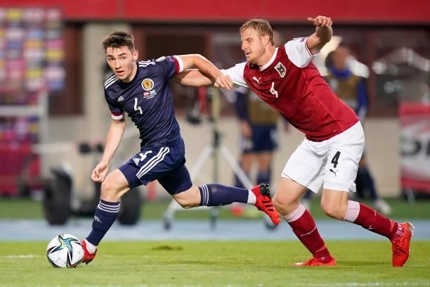 Billy Gilmour of Scotland battles for possession with Martin Hinteregger of Austria during the 2022 FIFA World Cup Qualifier match between Austria...