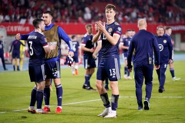 Jack Hendry of Scotland applauds the fans following their side's victory after the 2022 FIFA World Cup Qualifier match between Austria and Scotland...