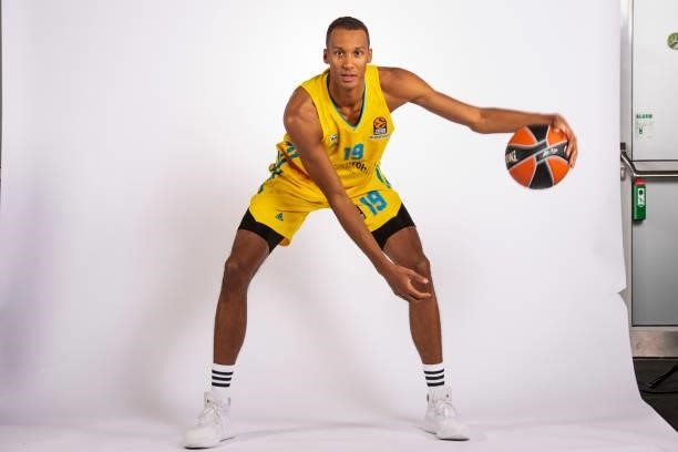 Louis Olinde, #19 poses during the 2021/2022 Turkish Airlines EuroLeague Media Day of Alba Berlin at Mercedes Benz Arena on September 06, 2021 in...