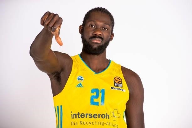 Christ Koumadje, #21 poses during the 2021/2022 Turkish Airlines EuroLeague Media Day of Alba Berlin at Mercedes Benz Arena on September 06, 2021 in...
