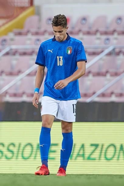 Riccardo Calafiori of Italy looks dejected during the UEFA European Under-21 Championship Qualifier between Italy U21 and Montenegro U21 at Stadio...