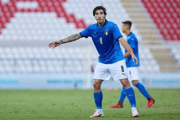 Sandro Tonali of Italy reacts during the UEFA European Under-21 Championship Qualifier between Italy U21 and Montenegro U21 at Stadio Romeo Menti on...