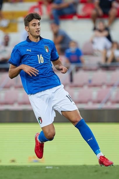 Lorenzo Lucca of Italy in action during the UEFA European Under-21 Championship Qualifier between Italy U21 and Montenegro U21 at Stadio Romeo Menti...