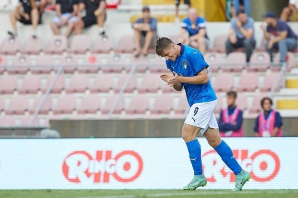 Lorenzo Colombo of Italy reacts during the UEFA European Under-21 Championship Qualifier between Italy U21 and Montenegro U21 at Stadio Romeo Menti...