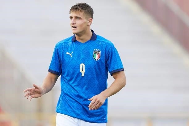 Lorenzo Colombo of Italy smiles during the UEFA European Under-21 Championship Qualifier between Italy U21 and Montenegro U21 at Stadio Romeo Menti...
