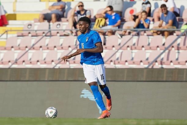 Caleb Okoli of Italy in action during the UEFA European Under-21 Championship Qualifier between Italy U21 and Montenegro U21 at Stadio Romeo Menti on...