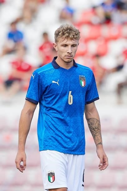 Matteo Lovato of Italy looks dejected during the UEFA European Under-21 Championship Qualifier between Italy U21 and Montenegro U21 at Stadio Romeo...