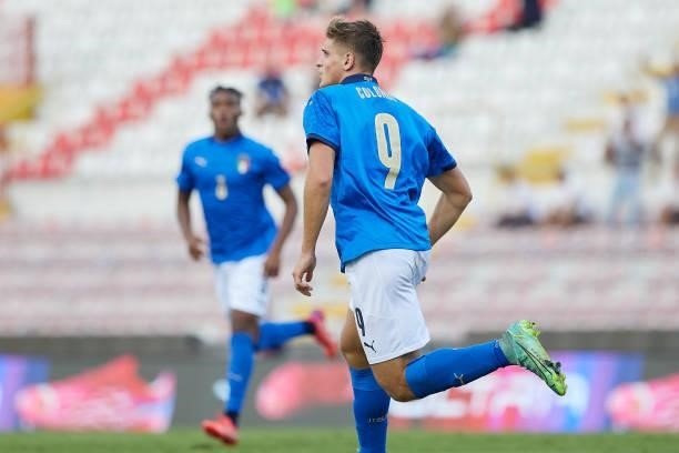 Lorenzo Colombo of Italy celebrates after scoring his team's first goal during the UEFA European Under-21 Championship Qualifier between Italy U21...