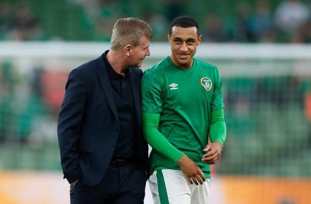 Ireland manager Stephen Kenny and Adam Idah during the 2022 FIFA World Cup Qualifier match between Republic of Ireland and Serbia at Aviva Stadium on...