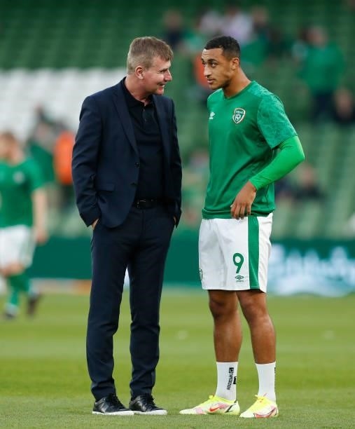 Ireland manager Stephen Kenny and Adam Idah during the 2022 FIFA World Cup Qualifier match between Republic of Ireland and Serbia at Aviva Stadium on...