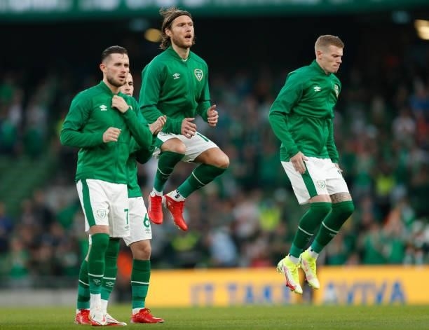 Jeff Hendrick and James McClean of the Republic of Ireland during the 2022 FIFA World Cup Qualifier match between Republic of Ireland and Serbia at...