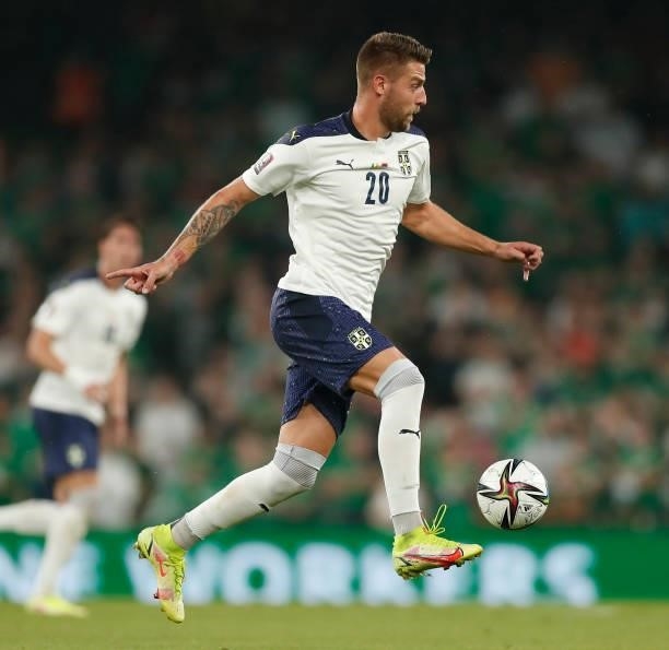 Sergej Milinković-Savić of Serbia in action during the 2022 FIFA World Cup Qualifier match between Republic of Ireland and Serbia at Aviva Stadium on...