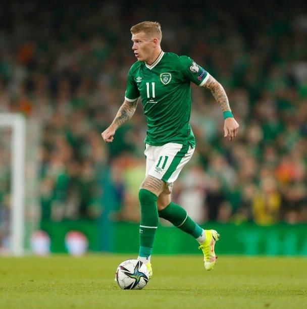 James McClean of the Republic of Ireland in action during the 2022 FIFA World Cup Qualifier match between Republic of Ireland and Serbia at Aviva...