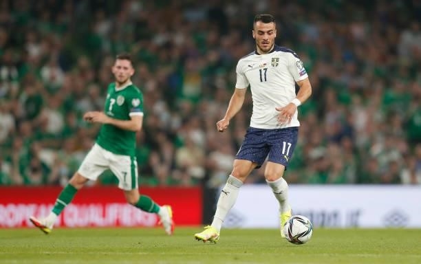 Filip Kostić of Serbia in action during the 2022 FIFA World Cup Qualifier match between Republic of Ireland and Serbia at Aviva Stadium on September...