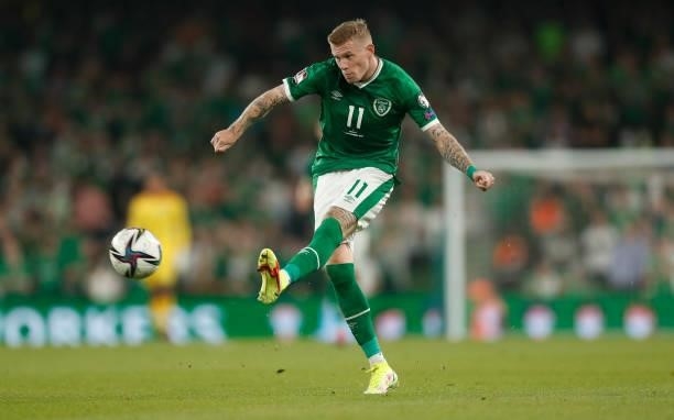 James McClean of the Republic of Ireland in action during the 2022 FIFA World Cup Qualifier match between Republic of Ireland and Serbia at Aviva...