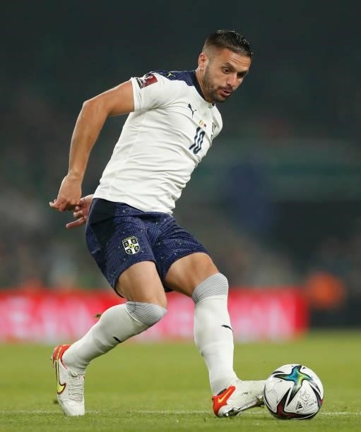 Dušan Tadić of Serbia in action during the 2022 FIFA World Cup Qualifier match between Republic of Ireland and Serbia at Aviva Stadium on September...