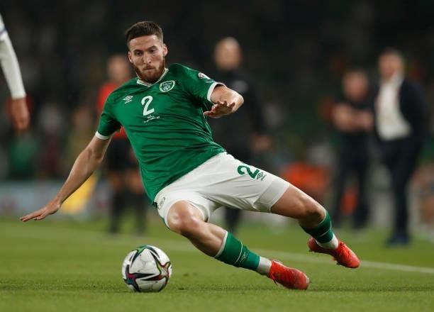 Matt Doherty of the Republic of Ireland in action during the 2022 FIFA World Cup Qualifier match between Republic of Ireland and Serbia at Aviva...