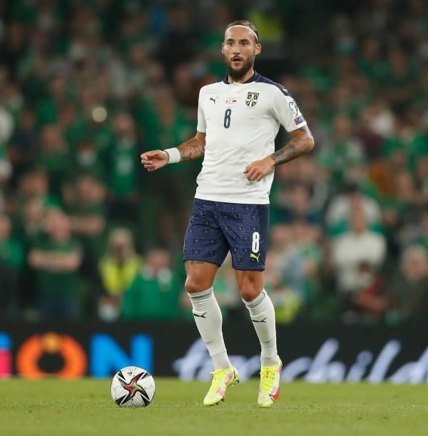 Nemanja Gudelj of Serbia in action during the 2022 FIFA World Cup Qualifier match between Republic of Ireland and Serbia at Aviva Stadium on...