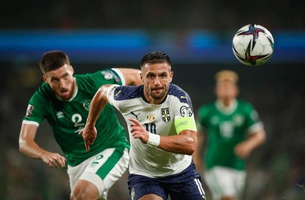 Dusan Tadic of Serbia chases the ball during the 2022 FIFA World Cup Qualifier match between Republic of Ireland and Serbia at Aviva Stadium on...