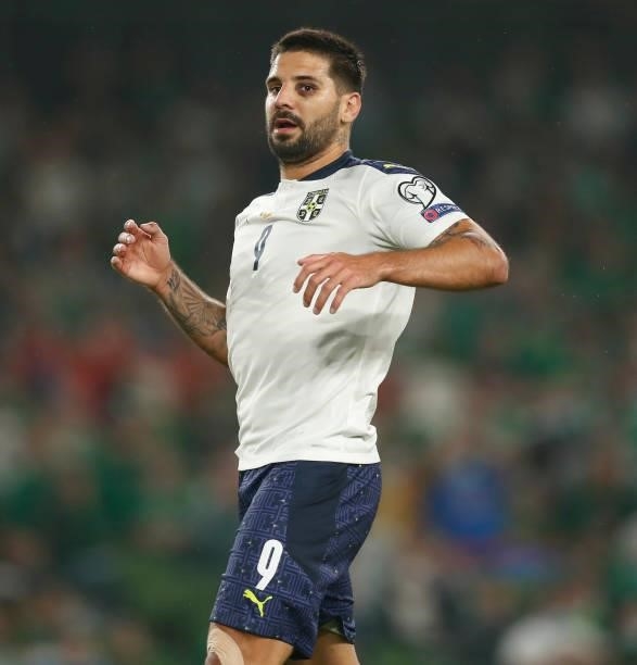 Aleksandar Mitrović of Serbia in action during the 2022 FIFA World Cup Qualifier match between Republic of Ireland and Serbia at Aviva Stadium on...