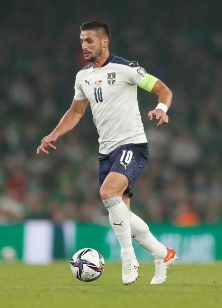 Dušan Tadić of Serbia in action during the 2022 FIFA World Cup Qualifier match between Republic of Ireland and Serbia at Aviva Stadium on September...