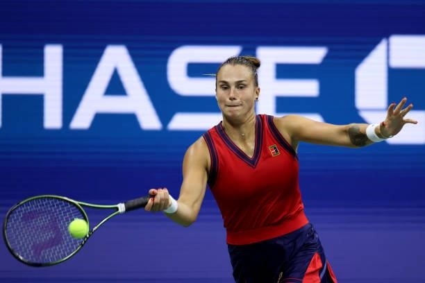 Aryna Sabalenka of Belarus returns against Barbora Krejcikova of Czech Republic during her Women's Singles quarterfinals match on Day Nine of the...