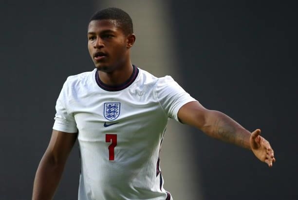 Rhian Brewster of England gestures during the UEFA Under 21 Qualifier between England and Kosovo at Stadium MK on September 07, 2021 in Milton...