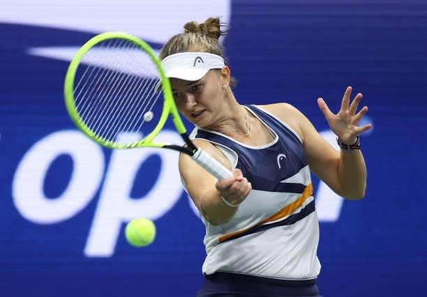 Barbora Krejcikova of Czech Republic returns against Aryna Sabalenka of Belarus during her Women's Singles quarterfinals match on Day Nine of the...