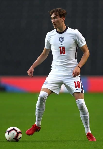 James Garner of England controls the ball during the UEFA Under 21 Qualifier between England and Kosovo at Stadium MK on September 07, 2021 in Milton...