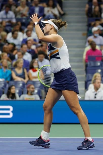 Barbora Krejcikova of Czech Republic reacts against Aryna Sabalenka of Belarus during her Women's Singles quarterfinals match on Day Nine of the 2021...