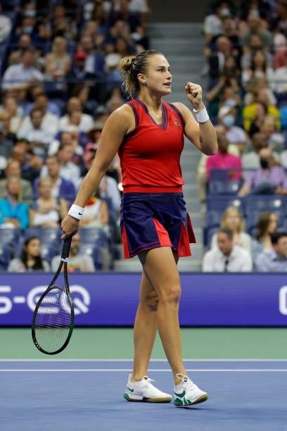Aryna Sabalenka of Belarus reacts against Barbora Krejcikova of Czech Republic during her Women's Singles quarterfinals match on Day Nine of the 2021...