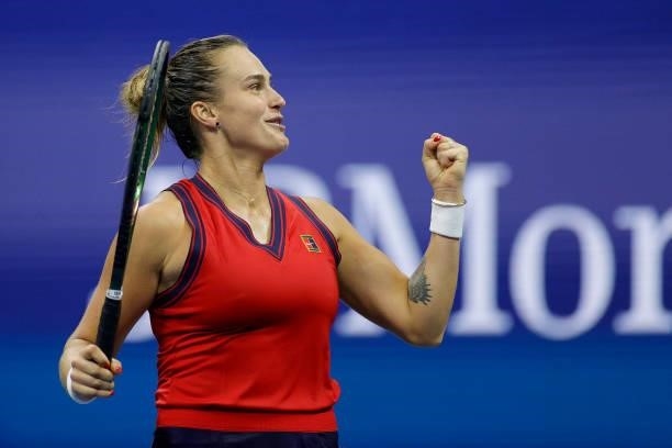 Aryna Sabalenka of Belarus celebrates match point against Barbora Krejcikova of Czech Republic during her Women's Singles quarterfinals match on Day...