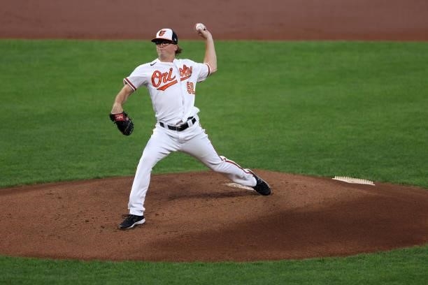 Starting pitcher Alexander Wells of the Baltimore Orioles throws to a Kansas City Royals batter in the first inning at Oriole Park at Camden Yards on...