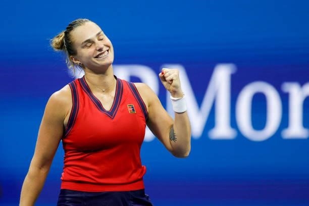 Aryna Sabalenka of Belarus celebrates match point against Barbora Krejcikova of Czech Republic during her Women's Singles quarterfinals match on Day...