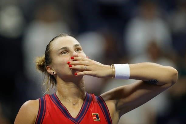 Aryna Sabalenka of Belarus celebrates after defeating Barbora Krejcikova of Czech Republic during her Women's Singles quarterfinals match on Day Nine...