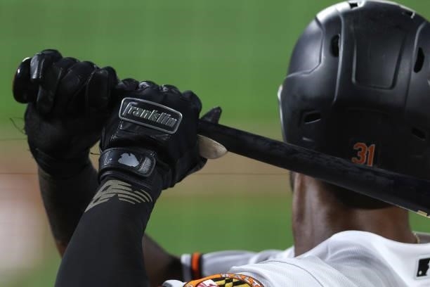 Cedric Mullins of the Baltimore Orioles waits to bat against the Kansas City Royals at Oriole Park at Camden Yards on September 07, 2021 in...
