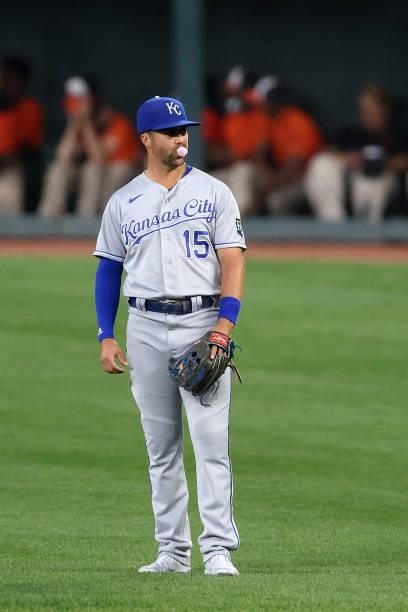 Whit Merrifield of the Kansas City Royals looks on against the Baltimore Orioles at Oriole Park at Camden Yards on September 07, 2021 in Baltimore,...