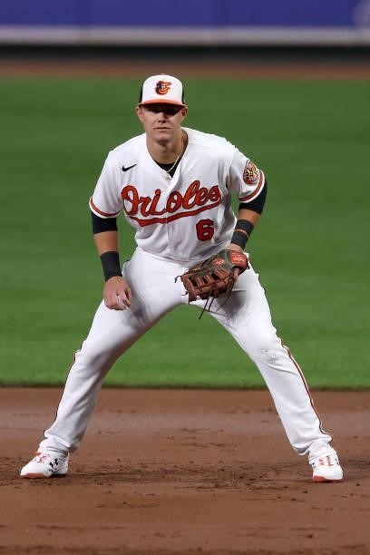 First baseman Ryan Mountcastle of the Baltimore Orioles follows the ball against the Kansas City Royals at Oriole Park at Camden Yards on September...