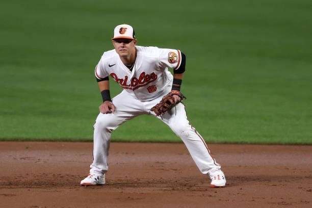 First baseman Ryan Mountcastle of the Baltimore Orioles follows the ball against the Kansas City Royals at Oriole Park at Camden Yards on September...