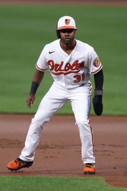 Cedric Mullins of the Baltimore Orioles leads off of second base against the Kansas City Royals at Oriole Park at Camden Yards on September 07, 2021...