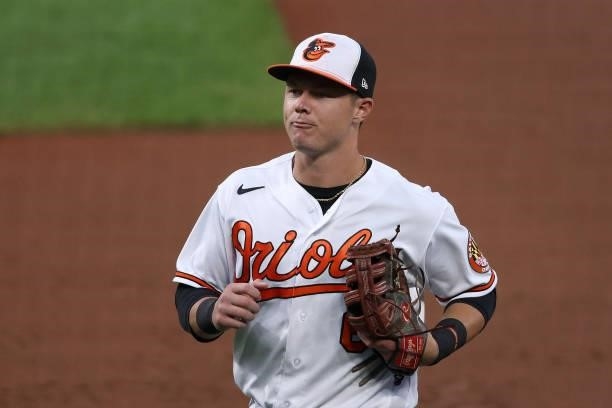 Ryan Mountcastle of the Baltimore Orioles jogs off the field against the Kansas City Royals at Oriole Park at Camden Yards on September 07, 2021 in...