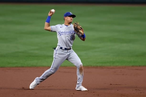Nicky Lopez of the Kansas City Royals throws to first base against the Baltimore Orioles at Oriole Park at Camden Yards on September 07, 2021 in...